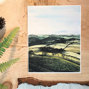 Welsh Countryside Sunrise Print on wood background