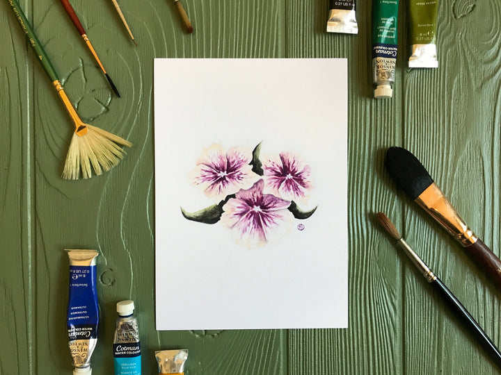 Purple & Peach Morning Glory Flowers Print with art supplies