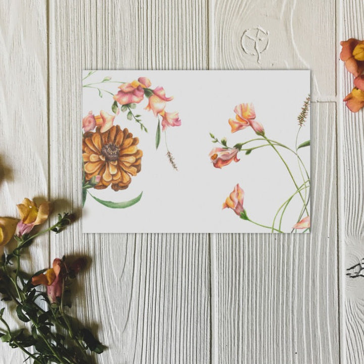 Sunlit Snapdragons & Zinnia art print on white background with flowers