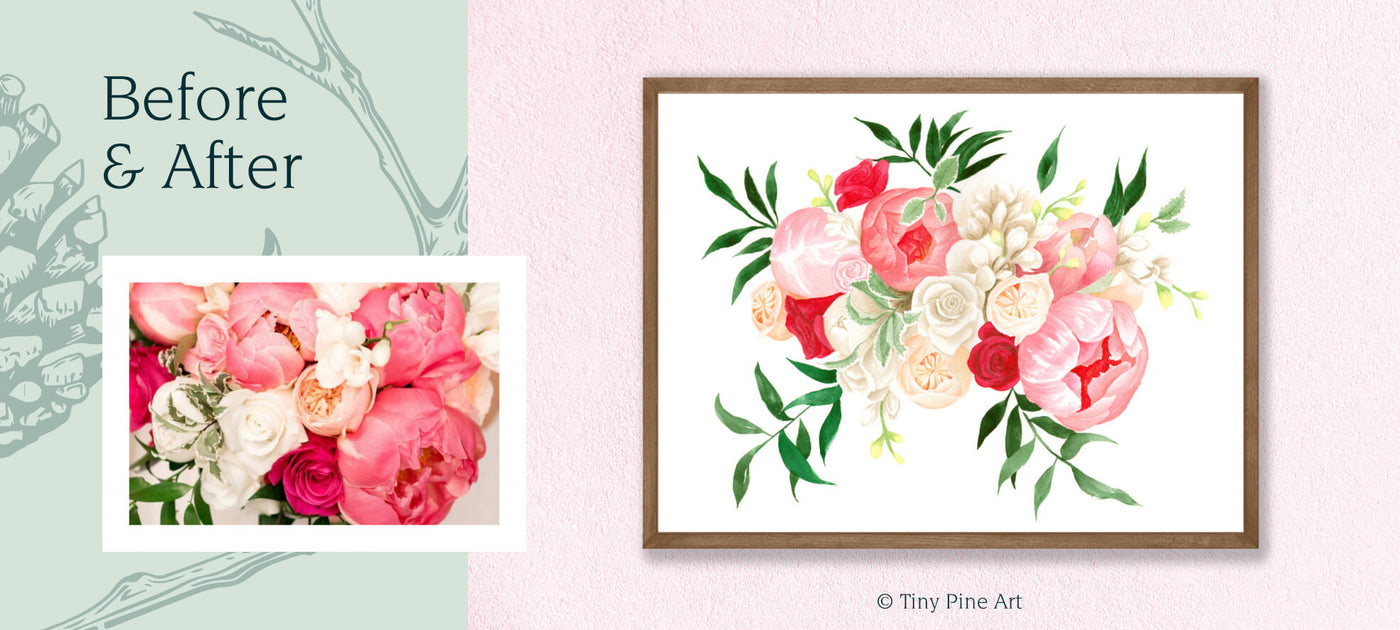 before and after photo of pink bouquet painting