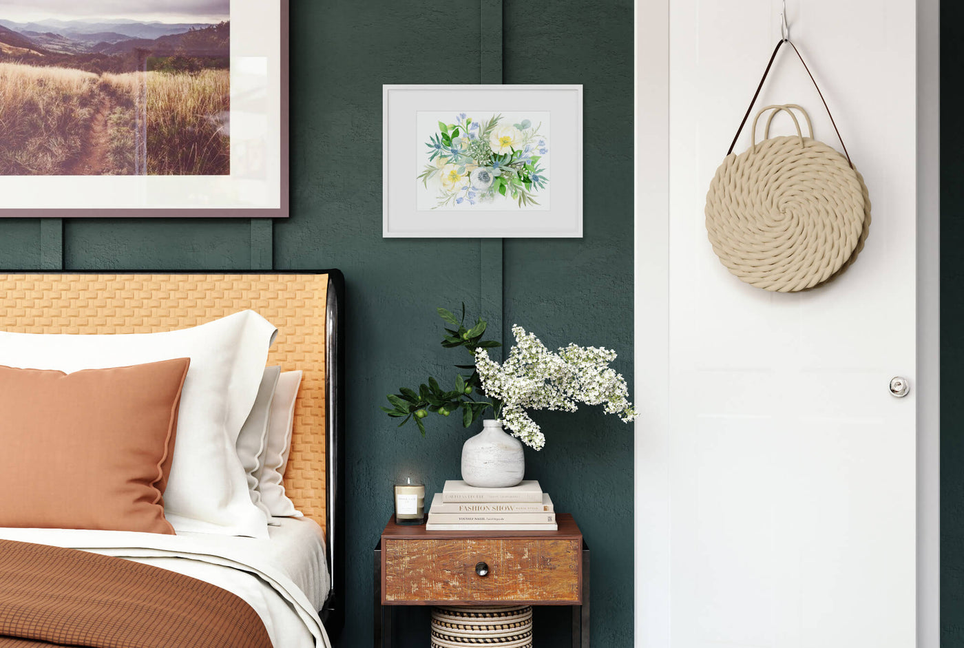 green bedroom with flowers on a nightstand and wedding bouquet art on walls