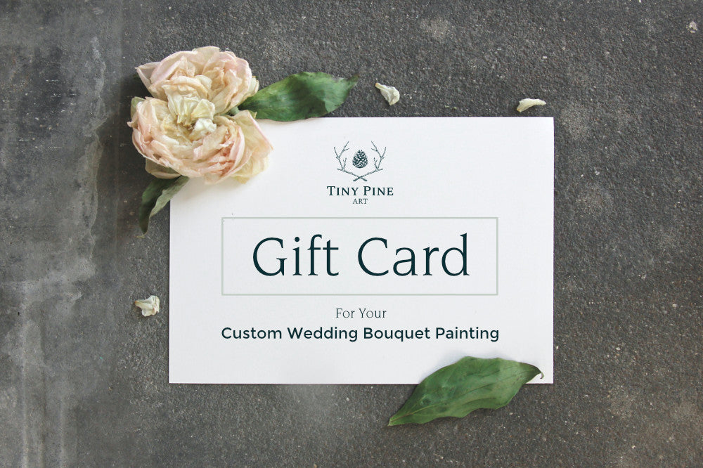wedding bouquet painting gift card on gray slate table with dried flowers