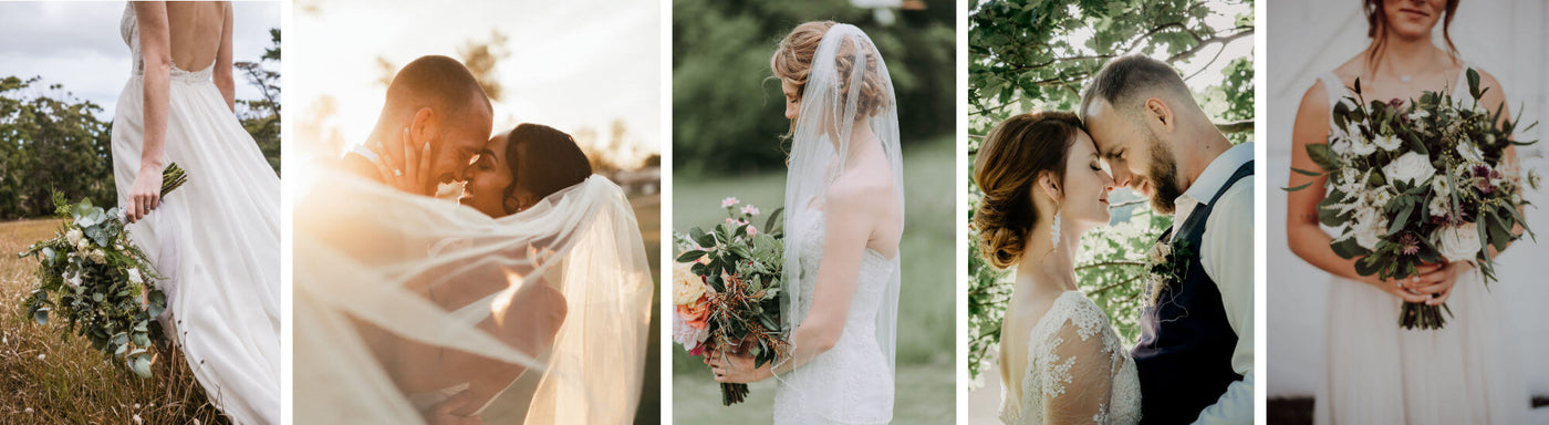 a collage of wedding photos showing brides and grooms embracing one another and brides holdings their wedding bouquets