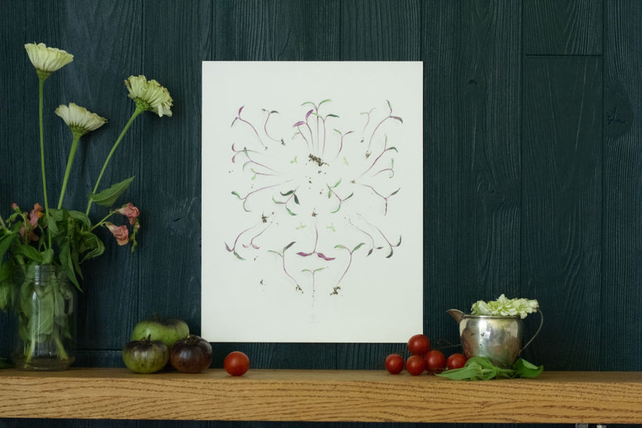 Freshly Plucked Sprouts art print on wall with flowers