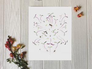 Freshly Plucked Sprouts art print on table with flowers
