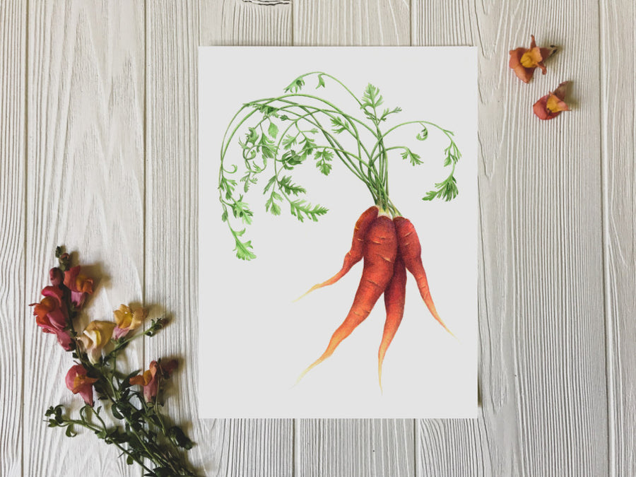 Heirloom Purple Carrot painting on table with flowers