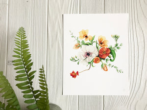 Orange & Yellow Poppy Flowers Print on white background with greenery