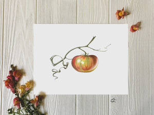 Ripening tomato art print on table with flowers